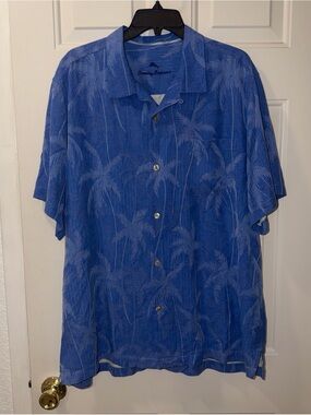 Tommy Bahama Mens XL Blue 100% Silk Tropical Palm Tree Button Down Shirt